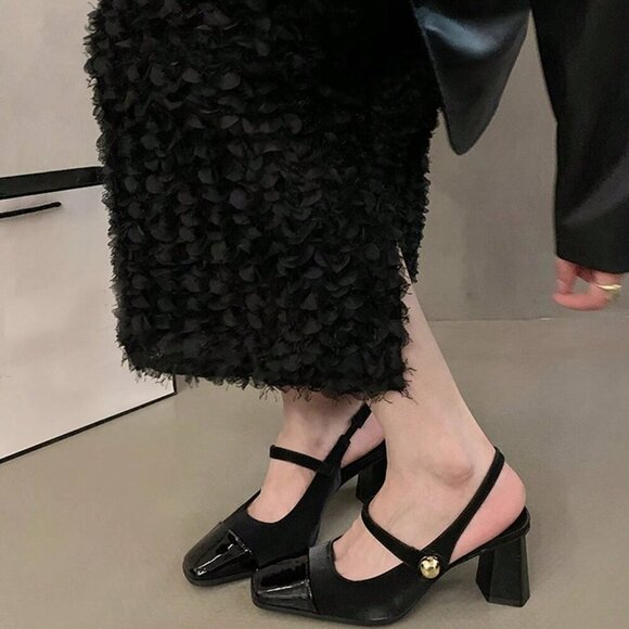 Black Casual Fashionable Women's Elegant Square Toe Studded Mary Jane Shoes - Picture 3 of 4